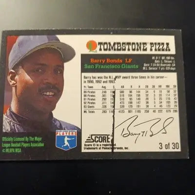 1994 Score Tombstone Pizza - Barry Bonds #3. SF Giants. EX+ - NRMT - Baseball Card Single