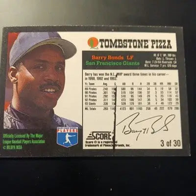 1994 Score Tombstone Pizza - Barry Bonds #3. SF Giants. EX+ - NRMT - Baseball Card Single