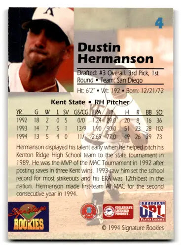 1994 Signature Rookies Draft Picks Signatures Dustin Hermanson baseball card with stats and highlights