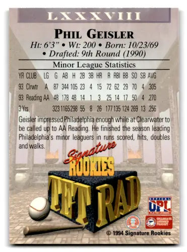 Phil Geisler baseball card from 1994 Signature Rookies Tetrad series with rarity details