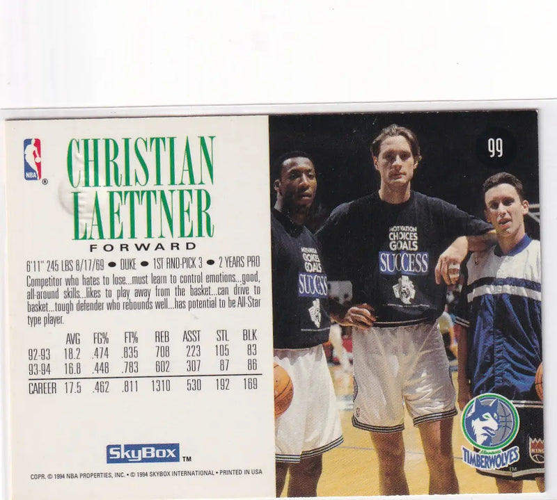 1994 SKYBOX #99 CHRISTIAN LAETTNER- MINNESOTA TIMBERWOLVES - Basketball Card Single