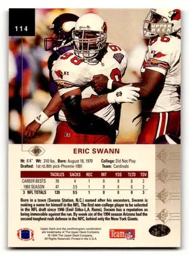 Eric Swann Arizona Cardinals football card from 1994 SP series, EX/NM condition