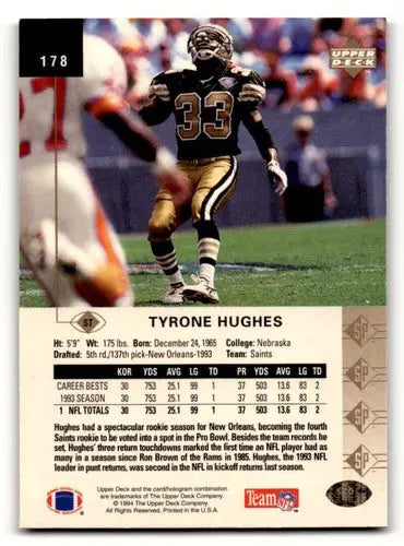 Original gloss Tyrone Hughes Saints football card from 1994 SP #178 in EX/NM condition