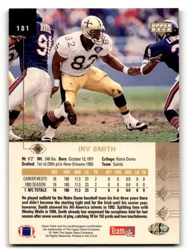 Original gloss Irv Smith football card featuring Orleans Saints from 1994 SP #181