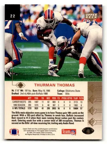 1994 SP #22 Thurman Thomas Buffalo Bills Football Cards EX/NM ID:56484 - Football Card Single