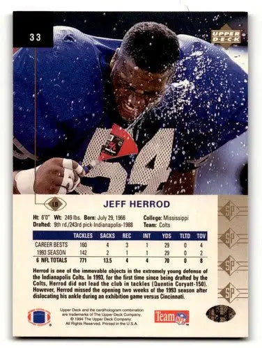Jeff Herrod Indianapolis Colts football card from 1994 SP #33 featuring Herrod Indianapolis Colts player