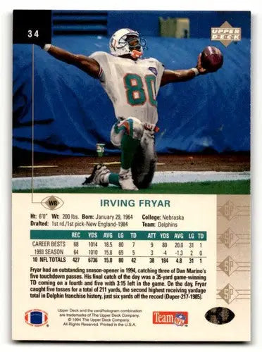 Original gloss Irving Fryar Miami Dolphins football card from 1994 SP #34