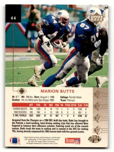Original gloss Marion Butts Patriots football card from 1994 SP #44 in EX/NM condition