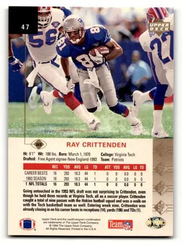 Original gloss Ray Crittenden Patriots football card from 1994 SP #47 in EX/NM condition