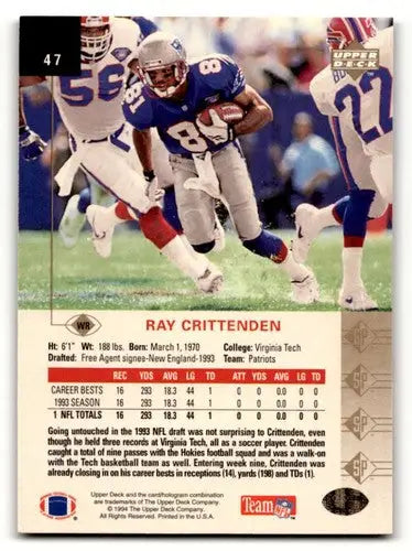 Ray Crittenden Patriots football card from 1994 SP series, Patriots football cards expert