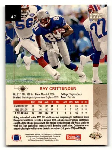 Ray Crittenden Patriots football card from 1994 SP series, Patriots football cards collection