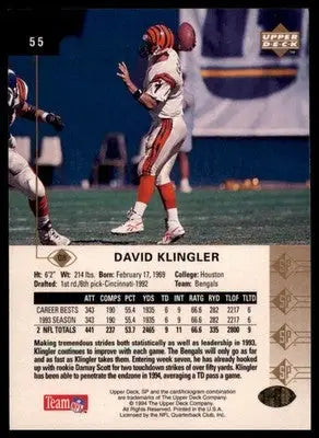 1994 SP David Klingler 55 Cincinnati Bengals