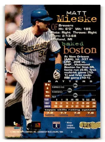 Original gloss 1994 Stadium Club Matt Mieske Milwaukee Brewers baseball card