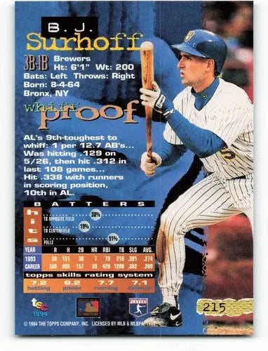 1994 Stadium Club #215 B.J. Surhoff NM Near Mint Brewers - Baseball Card Single