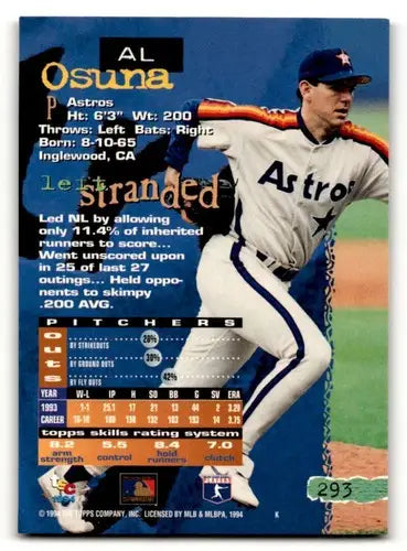Original gloss Astros baseball card of Al Osuna from Houston Astros 1994 Stadium Club