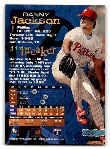 Original gloss Danny Jackson Philadelphia Phillies baseball card from 1994 Stadium Club