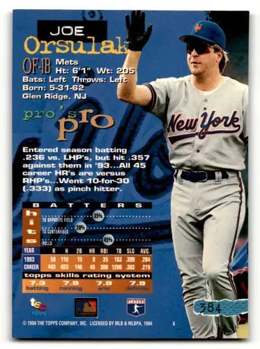 1994 Stadium Club Joe Orsulak Mets Baseball Card with Original Gloss