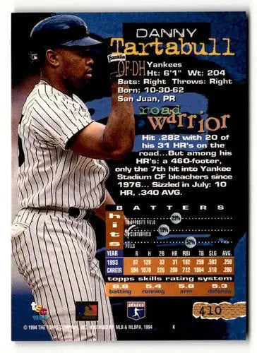 Original gloss Danny Tartabull baseball card from 1994 Stadium Club #410