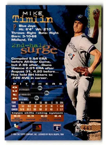 Original gloss 1994 Stadium Club Mike Timlin baseball card NM ID 48059