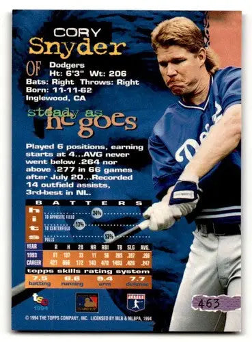 1994 Stadium Club #463 Cory Snyder Los Angeles Dodgers Baseball Card ID:63760 - Baseball Card Single
