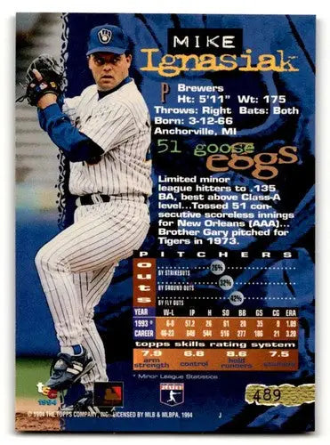 Baseball card of Mike Ignasiak Milwaukee Brewers from 1994 Stadium Club series