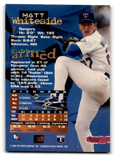 Original gloss Matt Whiteside Texas Rangers baseball card from 1994 Stadium Club #502