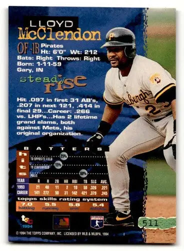 Original gloss Lloyd McClendon baseball card from 1994 Stadium Club Pittsburgh Pirates