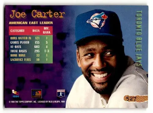 Original gloss Joe Carter Toronto baseball card from 1994 Stadium Club featuring Carter Toronto Blue Jays