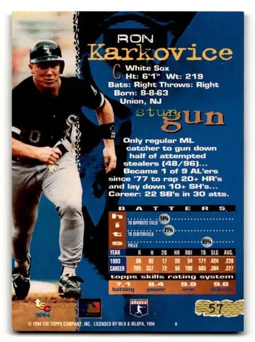 Original gloss Ron Karkovice Chicago baseball card from 1994 Stadium Club featuring Karkovice Chicago White Sox