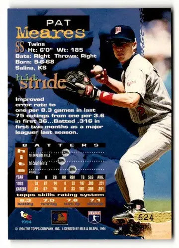 Original gloss Baseball card 1994 Stadium Club Pat Meares NM ID 48042