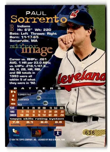 Original gloss 1994 Stadium Club Paul Sorrento baseball card in NM condition