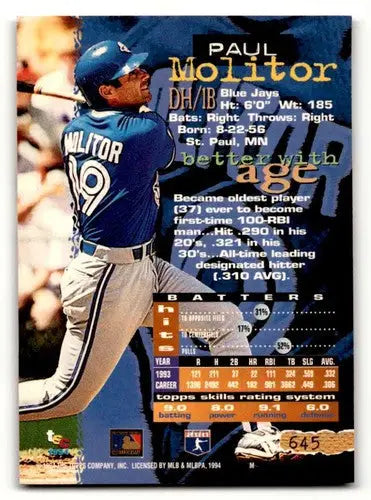 1994 Topps Paul Molitor Toronto Blue Jays baseball card with stats and Skills Rating System