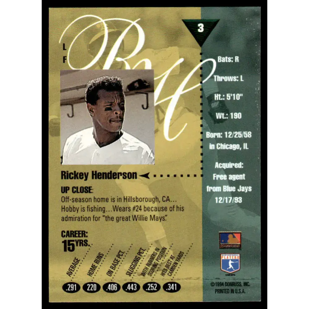 1994 Studio #3 Rickey Henderson NM-MT Oakland Athletics Baseball Card - Baseball Card Single