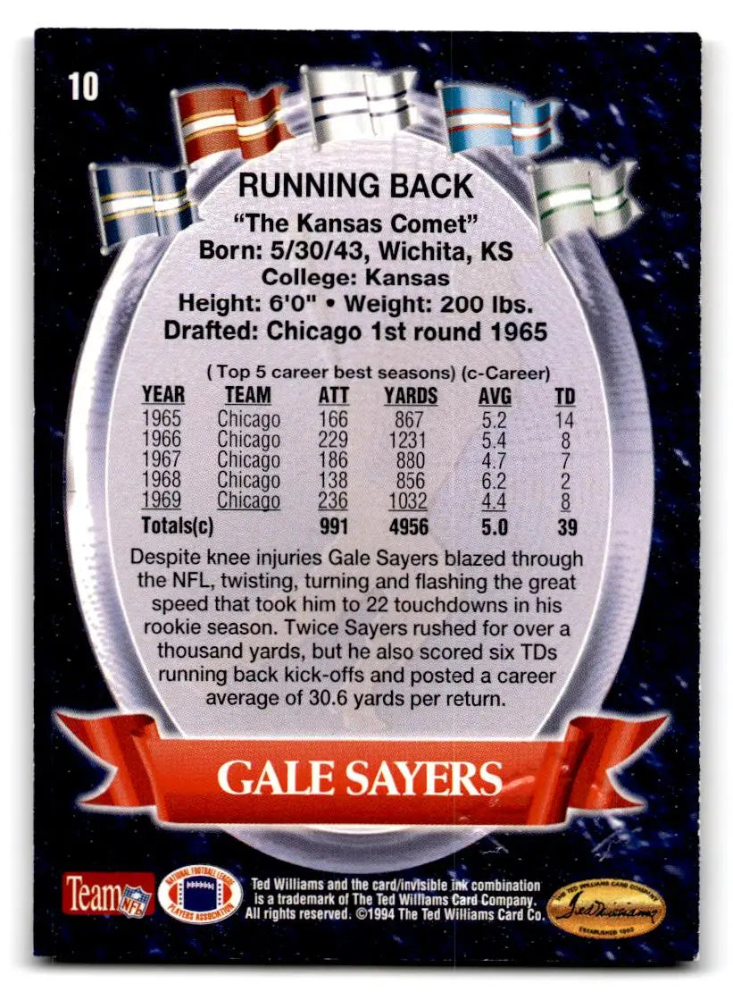 1994 Ted Williams Roger Staubach’s NFL #10 Gale Sayers - Football Card Single