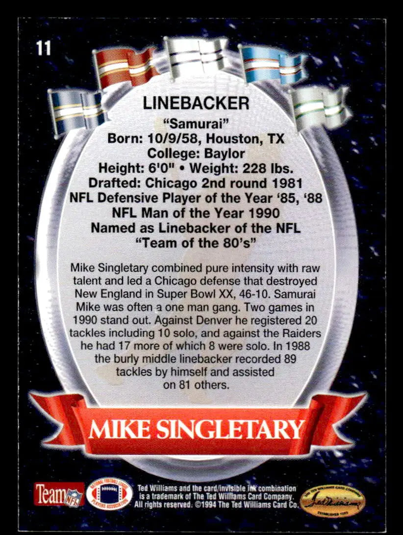 1994 Ted Williams Roger Staubach’s NFL #11 Mike Singletary - Football Card Single