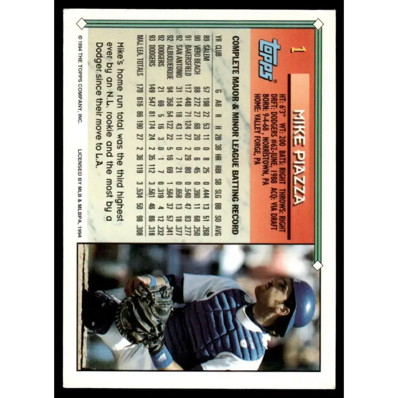 1994 Topps #1 Mike Piazza EX/NM Los Angeles Dodgers Baseball Card - Baseball Card Single