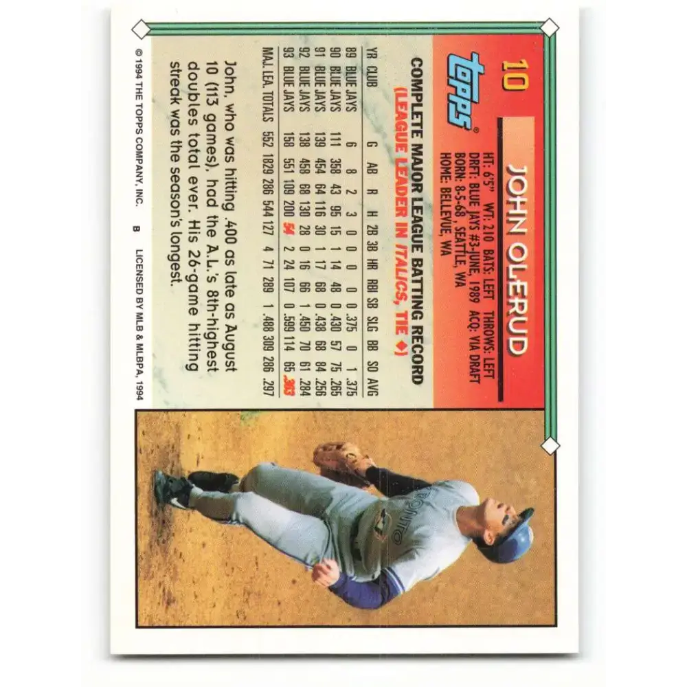 1994 Topps #10 John Olerud EX Excellent Toronto Blue Jays Baseball Card - Baseball Card Single