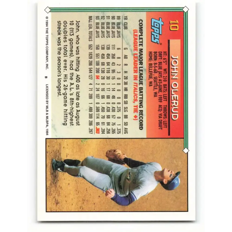 1994 Topps #10 John Olerud EX Excellent Toronto Blue Jays Baseball Card - Baseball Card Single