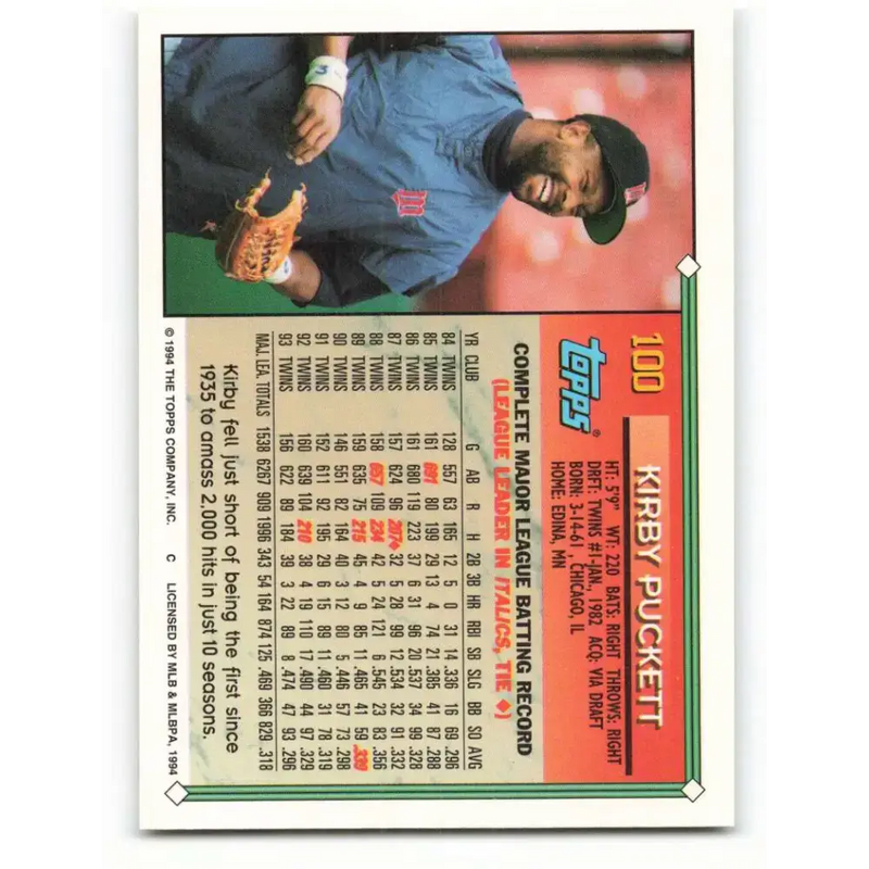 1994 Topps #100 Kirby Puckett EX Excellent Minnesota Twins Baseball Card - Baseball Card Single