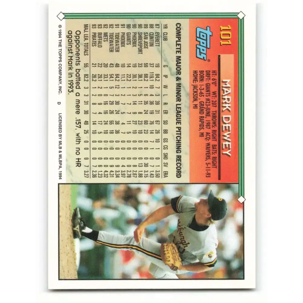 1994 Topps #101 Mark Dewey EX Excellent Pittsburgh Pirates Baseball Card - Baseball Card Single