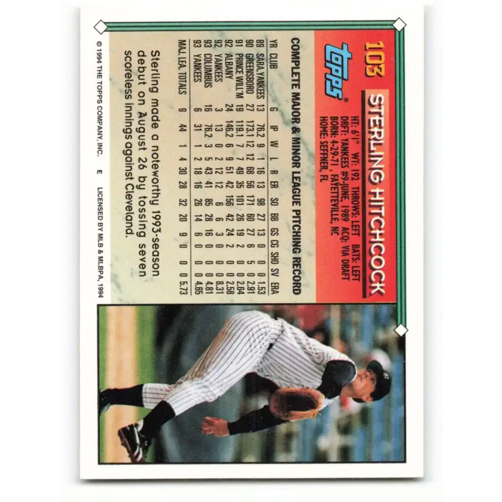 1994 Topps #103 Sterling Hitchcock EX Excellent New York Yankees Baseball Card - Baseball Card Single