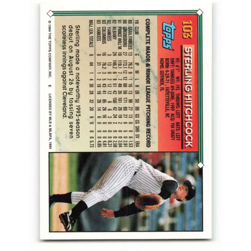 1994 Topps #103 Sterling Hitchcock EX Excellent New York Yankees Baseball Card - Baseball Card Single