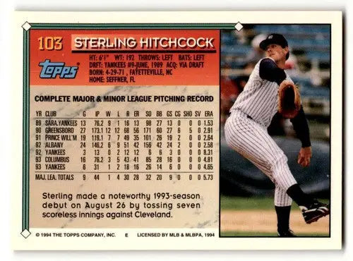 1994 Topps #103 Sterling Hitchcock New York Yankees Baseball Cards E ID:61661 - Baseball Card Single