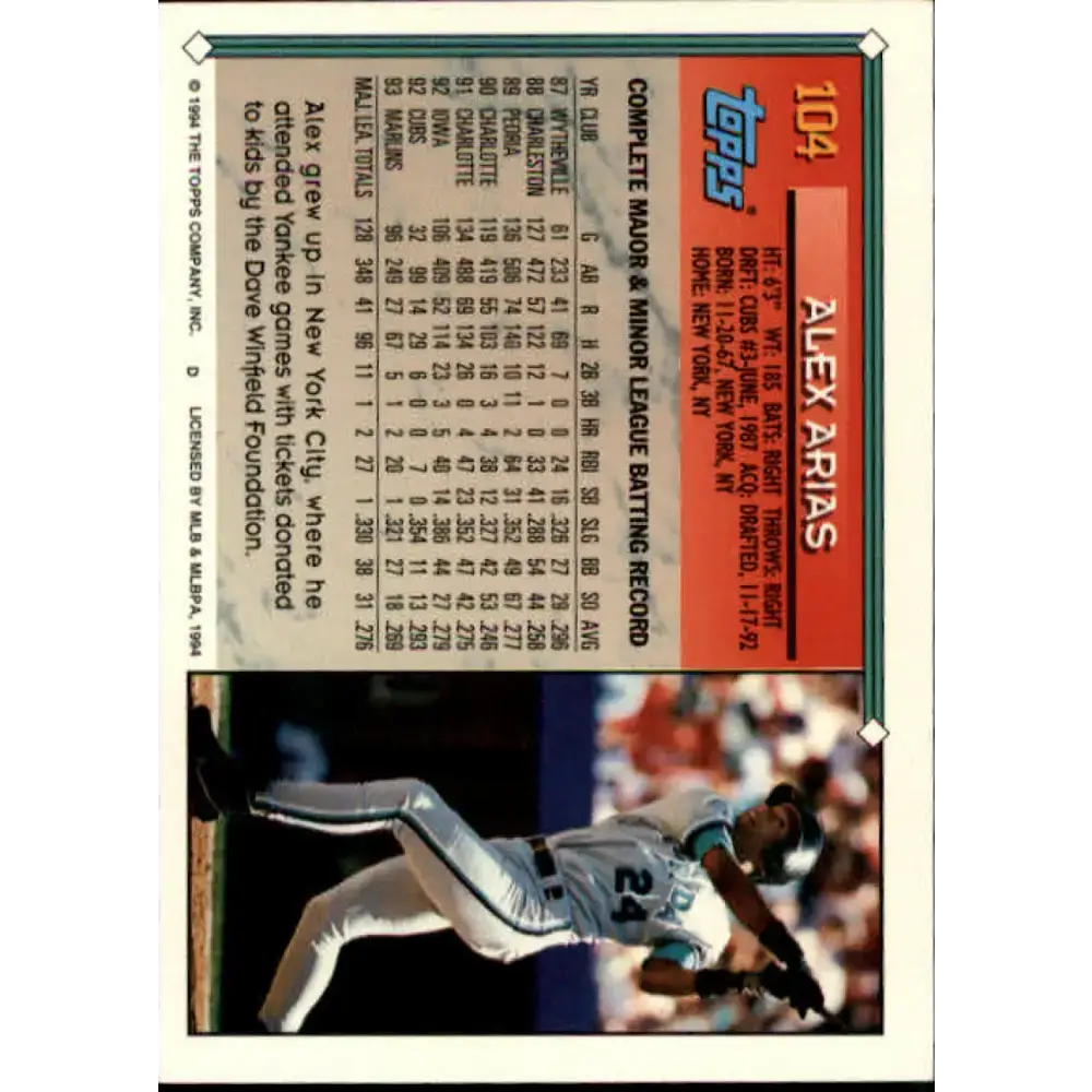 1994 Topps #104 Alex Arias EX Excellent Florida Marlins Baseball Card - Baseball Card Single