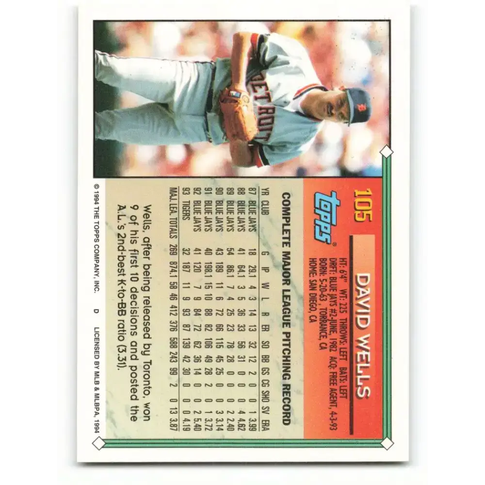 1994 Topps #105 David Wells EX Excellent Detroit Tigers Baseball Card - Baseball Card Single
