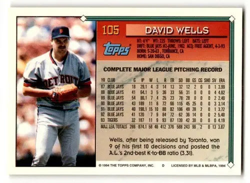 Original gloss 1994 Topps David Wells NrMt baseball card ID 47041