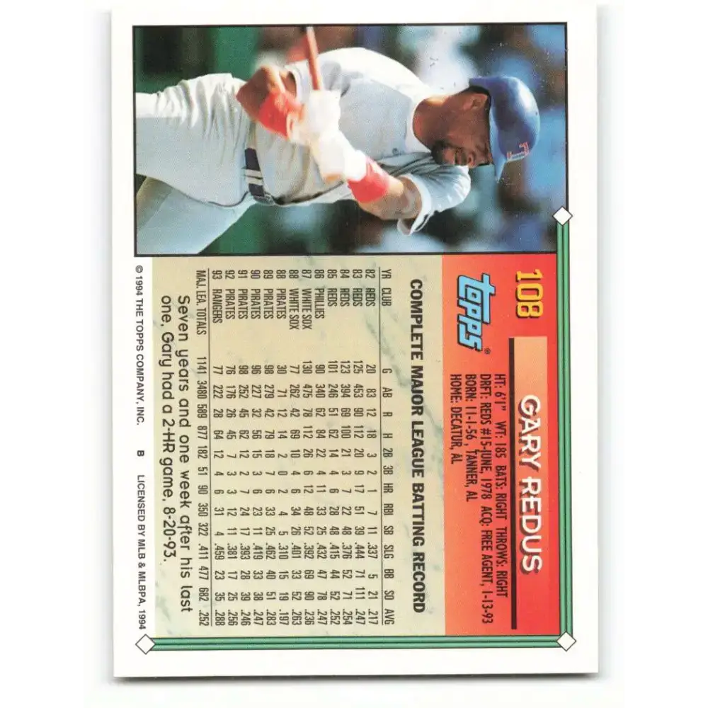 1994 Topps #108 Gary Redus EX Excellent Texas Rangers Baseball Card - Baseball Card Single