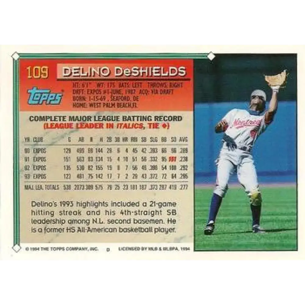 1994 Topps #109a Delino DeShields EX Excellent Baseball Card - Baseball Card Single