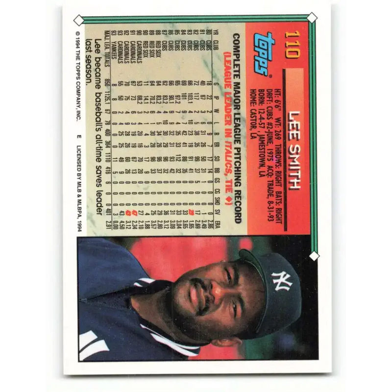 1994 Topps #110 Lee Smith EX Excellent New York Yankees Baseball Card - Baseball Card Single