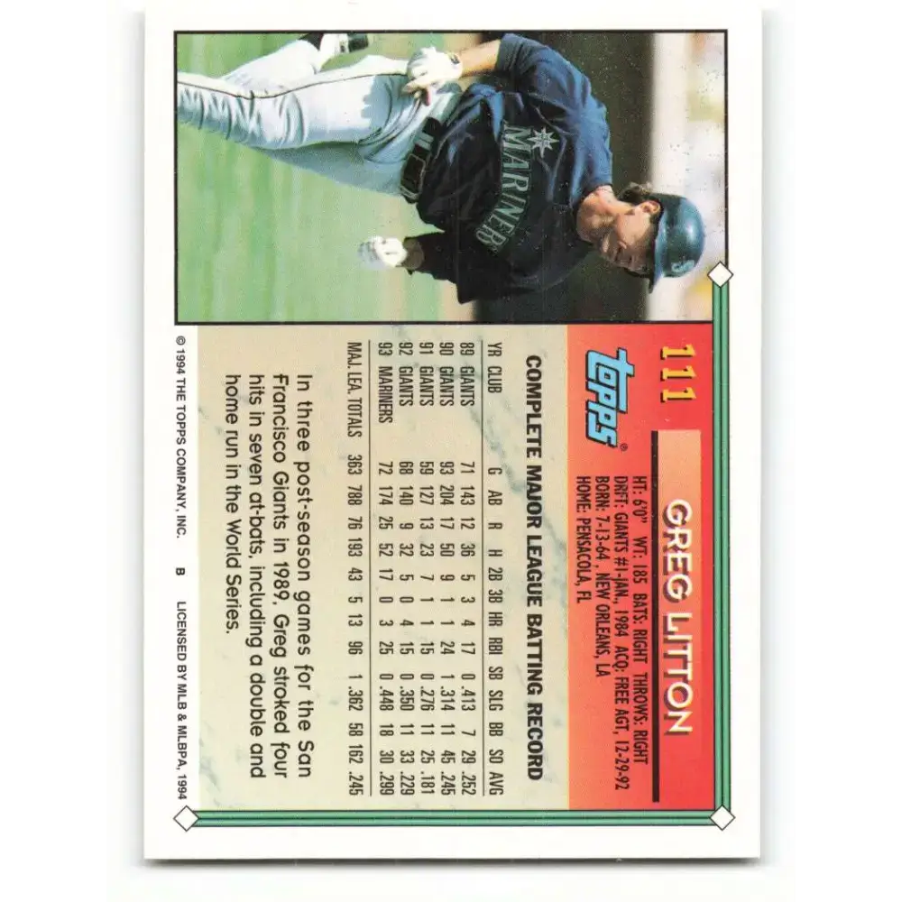 1994 Topps #111 Greg Litton EX Excellent Seattle Mariners Baseball Card - Baseball Card Single